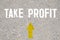 Business concept. On the asphalt road markings an arrow with the inscription - TAKE PROFIT
