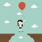 Business concept, business woman flies across gap to another cliff by using balloon.