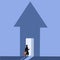 Business concept design Arab businesswoman enter up arrow shape house. Female manager entering in arrow pointing up. Business