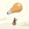 Business concept design Arabic businesswoman flying on air balloon with light bulb. Female character looking through spyglass