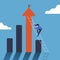 Business concept design businessman climbing on infographics column with ladder. Step grow business. Improvement or development to
