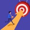 Business concept design businessman running toward goal. Reach target. Worker run arrow which hitting bullseye target, achievement