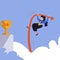 Business concept design businesswoman jumping using pole vault to reach trophy. Business competition, career challenge and goal