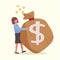Business concept design happy businesswoman hugging sack of money. Financial success. Female manager standing and hugging huge