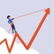 Business concept flat businessman holding briefcase and pulling arrow graph chart up with rope. Career rise to success. Depicts