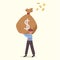 Business concept flat happy businessman lifting sack of money payday. Male manager holding large bag full of money. Worker