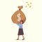 Business concept flat happy businesswoman lifting sack of money payday. Female manager holding large bag full of money. Worker
