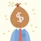 Business concept flat style isolated of greedy businessman with money bag instead of head, symbolizing avarice, broker, money,