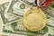 Business concept of golden medal over dollar bills. Success, Best Investment and reward for Performance