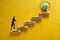 Business concept growth success process. Wood blocks stacking as step stair on yellow background, copy space. Words `vision, plan