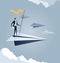 Business concept illustration of businessman using telescope on paper plane, opportunity, vision in business