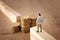 Business concept image of challenge. A man stands on the edge of a gap and looks at a stack of coins, thinking how to earn more