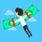 Business concept money is freedom. Flat vector illustration. Businessman on the dollar-wings.