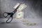 Business concept, one Dollar banknote is cut with scissors, metaphor for income reduction during coronavirus crisis, gray