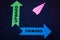 Business concept with paper plane and colored arrows on dark blue background. Upward, onward.