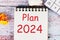 Business concept of planning for 2024. PLAN 2024 words on a sheet in a cage on the boards
