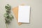 Business concept. Top view photo of paper sheet craft paper envelope and eucalyptus on pastel grey background with blank space