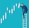 Business concept vector illustration of a man on ladder with candlestick chart background, concept of stock market