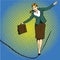 Business concept vector illustration in retro comic pop art style. Businesswoman walk on tight rope