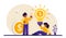 Business concept. Young businessman and businesswoman. Team success. An idea that generates revenue. A coin with a