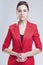 Business Concepts. Natural Portrait of Positive Caucasian Brunette in Red Suit