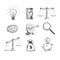 Business concepts set. Light bulb, hourglass, scales, brain, target, magnifying glass, sack of dollars, piggy bank