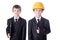 Business and construction concept - two little boys in business