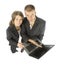 Business couple shows laptop\'s screen