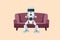 Business design drawing depressed robot sitting on sofa and holding head. Lonely cyborg sitting on couch. Future technology