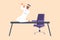 Business design drawing happy Arab businessman kneeling with celebrating goal pose on table desk. Office worker celebrate success