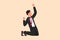 Business design drawing happy businessman kneeling with raised one hand high and raised other. Male manager celebrate success