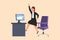 Business design drawing happy businesswoman jumping and dancing on her workplace. Cute female manager celebrating success of