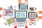 Business Desk Top View, Work Process With Diagrams And Documents, Businesspeople Hands Holding Digital Tablets And