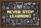 Business and education doodles with the concept of NEVER STOP LEARNING on chalkboard