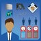 Business elements infographic with icons, charts and workers, flat design