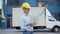 Business. Engineer Worker Protective Helmet Use Laptop Controls Working Process Inspector Supervisor Yellow Hard Hat