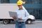 Business. Engineer Worker Protective Helmet Use Laptop Controls Working Process Inspector Supervisor Yellow Hard Hat Glasses