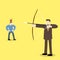 Business executive holding bow and arrow aiming to shoot at apple on another man\'s head