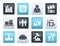 Business, factory and mill icons over color background