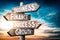 Business, finance, success, growth - wooden signpost, roadsign with four arrows