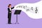 Business flat cartoon style draw woman conductor. Female musician perform on stage directing symphony orchestra. Classical music