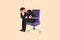 Business flat cartoon style drawing frustrated businessman holding his head sitting alone on the chair. Regret on business mistake