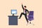Business flat cartoon style drawing happy businessman jumping and dancing on his workplace. Male manager celebrating success of