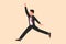 Business flat cartoon style drawing happy businessman jumping with spreads both legs and raises one hand. Salesman celebrate