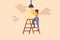 Business flat cartoon style drawing worker electrician standing on ladder change light bulb. Professional repairwoman in overalls