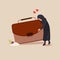 Business flat drawing Arab businesswoman hugs briefcase with money, bonus at work. New position and salary. First paycheck. Happy