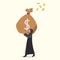 Business flat drawing Arabian businesswoman lifting sack of money payday. Female manager holding large bag full of money. Worker