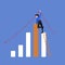 Business flat drawing businessman climbing up on ladder to adjust uptrend graph chart on wall. Depicts financial success, bullish