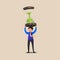 Business flat drawing businessman lifting weights in form giant hourglass. Male manager hold sandglass over his head. Business