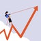 Business flat drawing businesswoman holding briefcase, pulling arrow graph chart up with rope. Career rise to success. Depicts